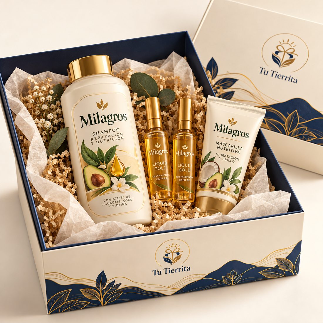 Caja Belleza abierta con champú, ampollas de tratamiento y mascarilla capilar